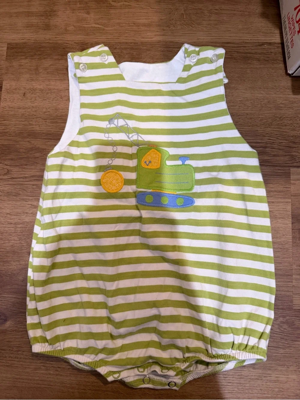 Green Striped Baby One-Piece with Crane Applique